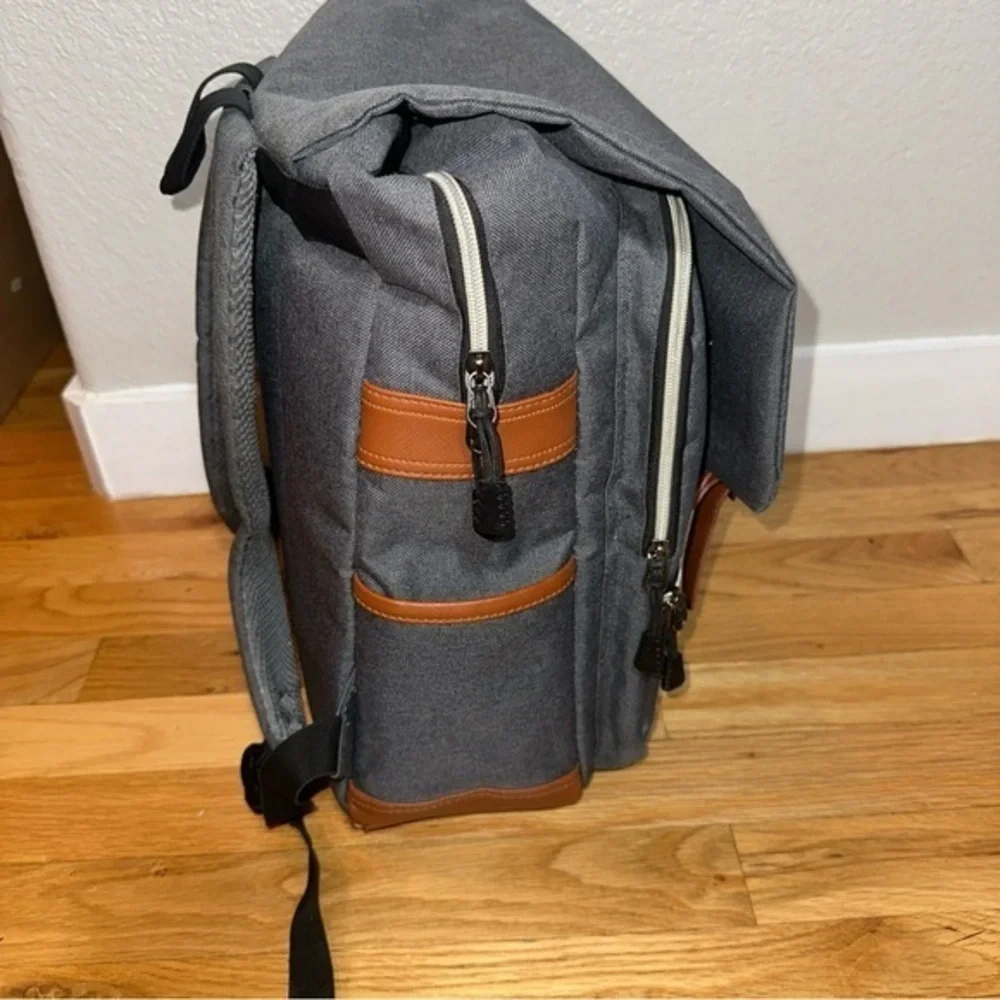 Grey Fashion Backpack‎ Rucksack Laptop Sleeve USB Port Faux Leather Accents VGC